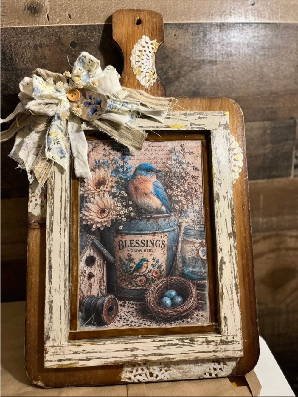Hand Crafted Blue and Brown Bird Blessings Wall Frame